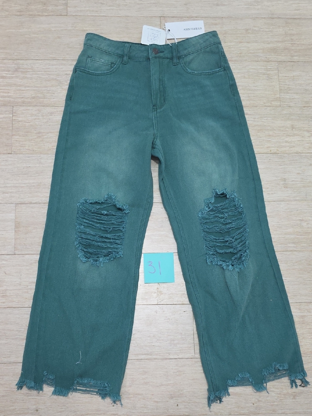Teal/green Distressed Straight-Leg Cropped Jeans